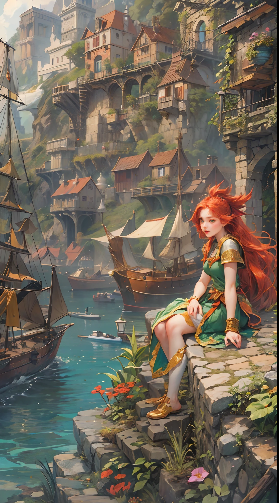 (absurdres, highres, ultra detailed, HDR), masterpiece, best quality, legend of mana character, heroine, detailed face, beautiful face with decorative pins on hair, seraphina talking to a red haired mermaid with green eyes with two vines antler outside polpota harbor, detailed character, detailed outdoor harbor, detailed polpota harbor