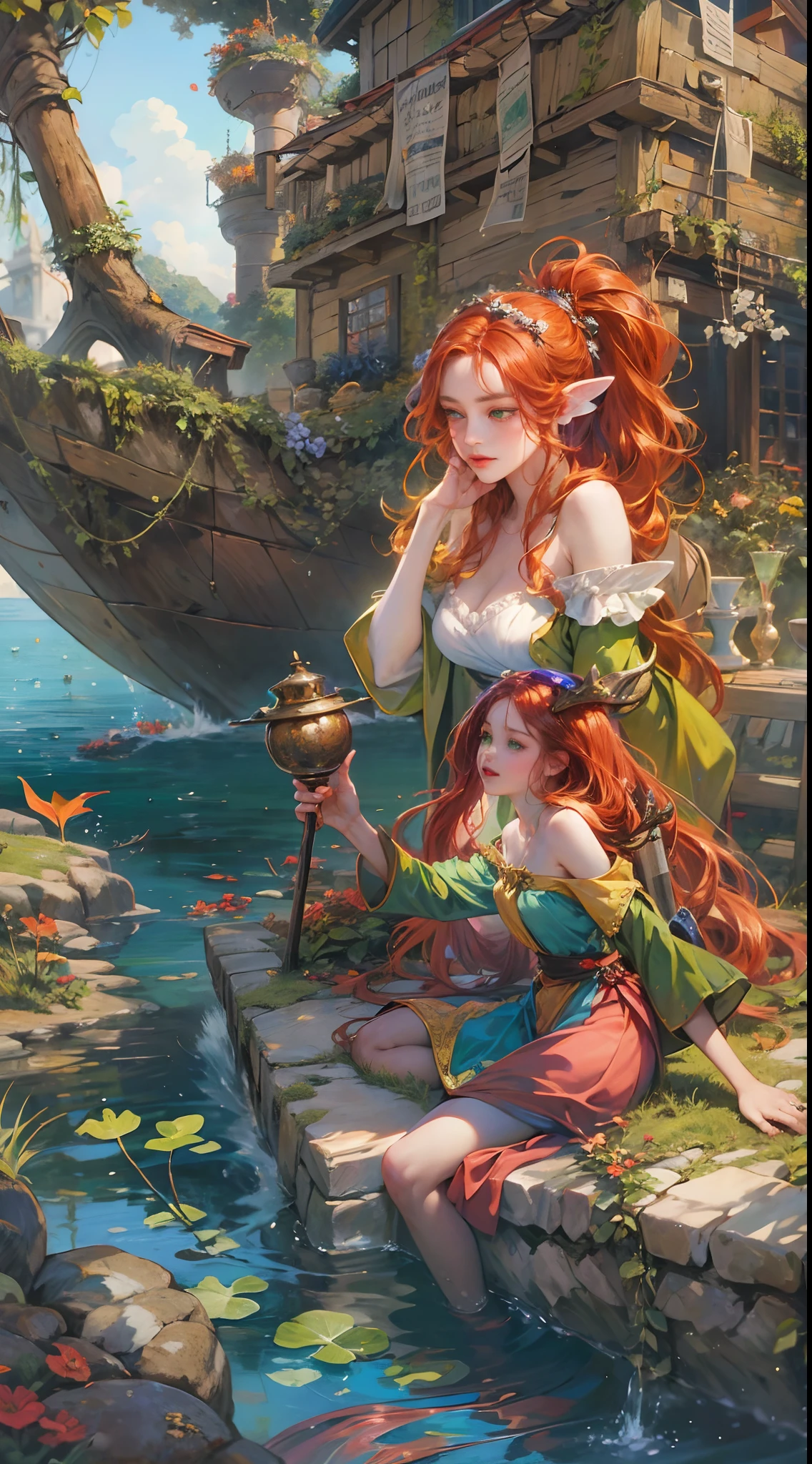 (absurdres, highres, ultra detailed, HDR), masterpiece, best quality, legend of mana character, heroine, detailed face, beautiful face with decorative pins on hair, seraphina talking to a red haired mermaid with green eyes with two vines antler outside polpota harbor, detailed character, detailed outdoor harbor, detailed polpota harbor