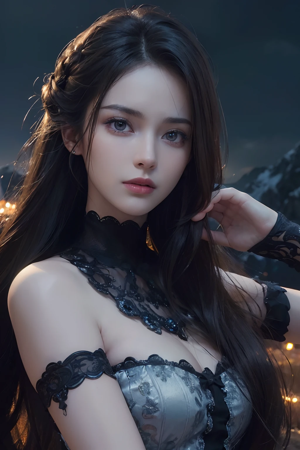 (Woman standing on balcony of palace)girl portrait photography, realistic, High resolution, 1 female, alone, Upper body, beautiful eyes, Close your lips, detailed face, gray hair, long hair, (off shoulder black lace long dress) ,(There is a slit up to the waist.),fur coat, stockings,(night sky full of stars)