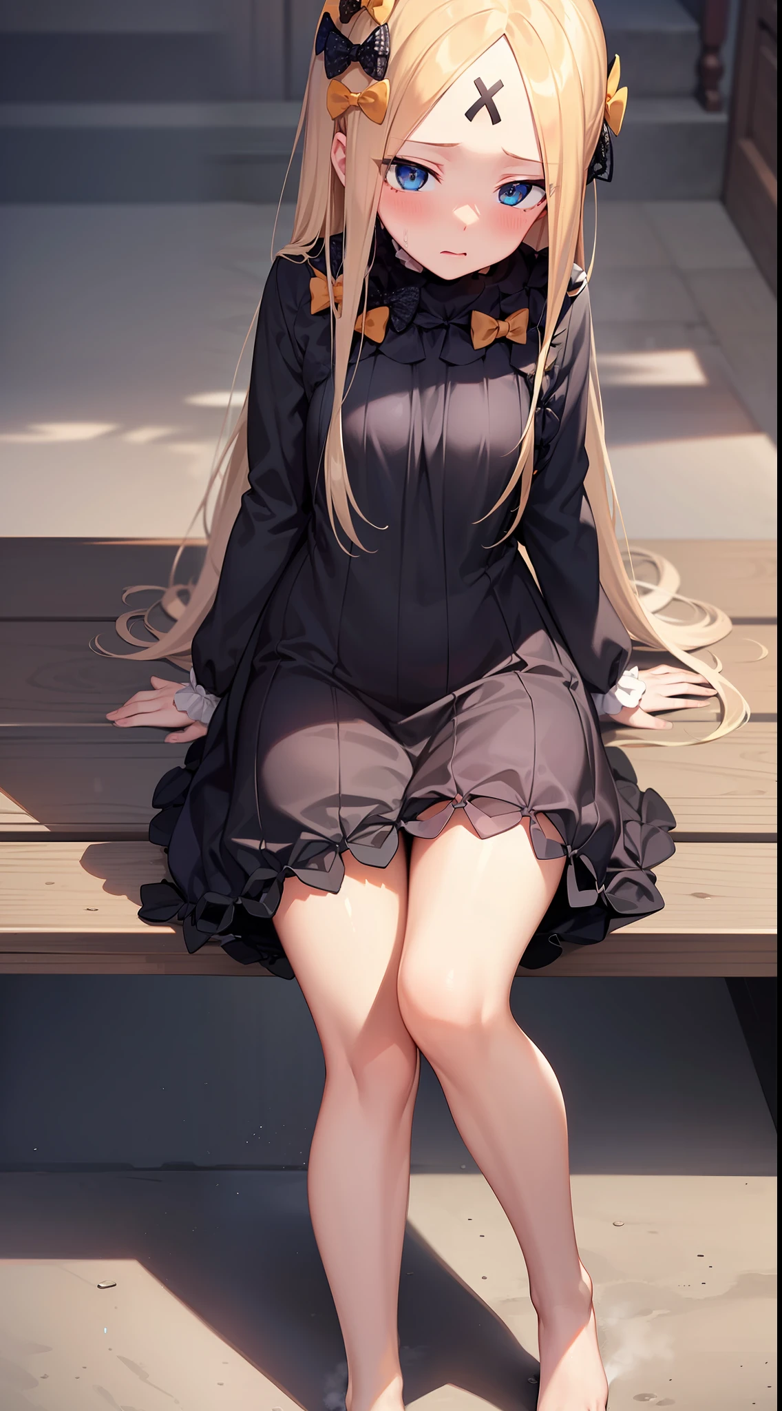 (Abigail Williams1.5),best quality ,masterpiece,solo,1girl,blond hair,blue eyes,a dress with long sleeves,lift up the dress,panties,looking down,legs focus,blush,sweating,small lady serenity,big breasts,despise,steam,sitting,feet,five toes