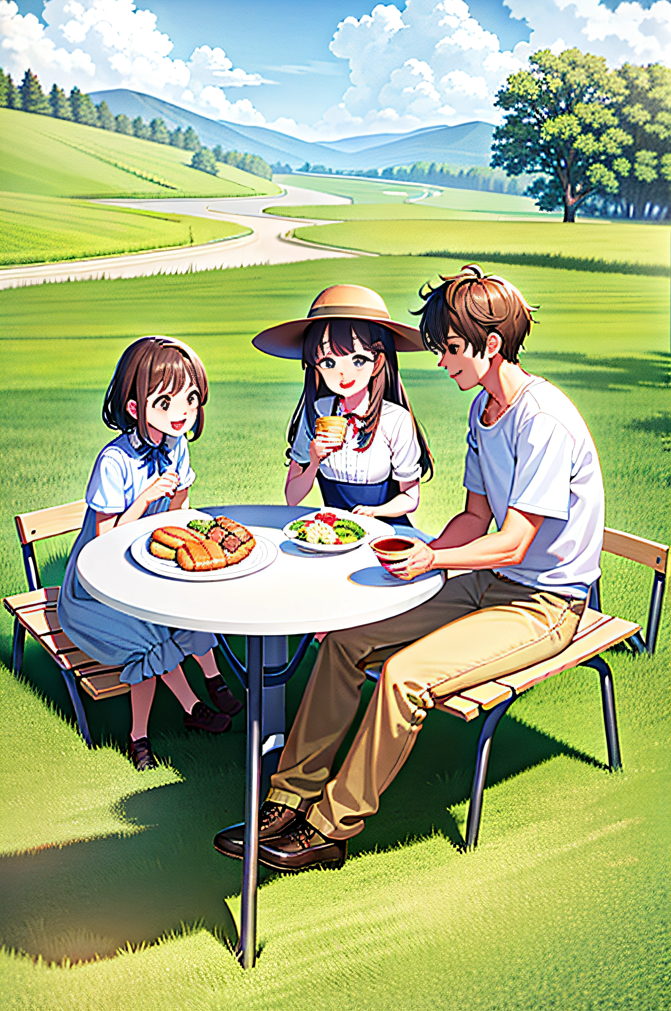 On the prairie, three people sat at a table to eat, people on a picnic, camping, having picnic, Family dinner, warm and joyful atmosphere, people outside eating meals, Family, istock, Handsome, family friendly, lifestyle, Happy family,illustration,illustratio,grass field,with blue sky and white clouds