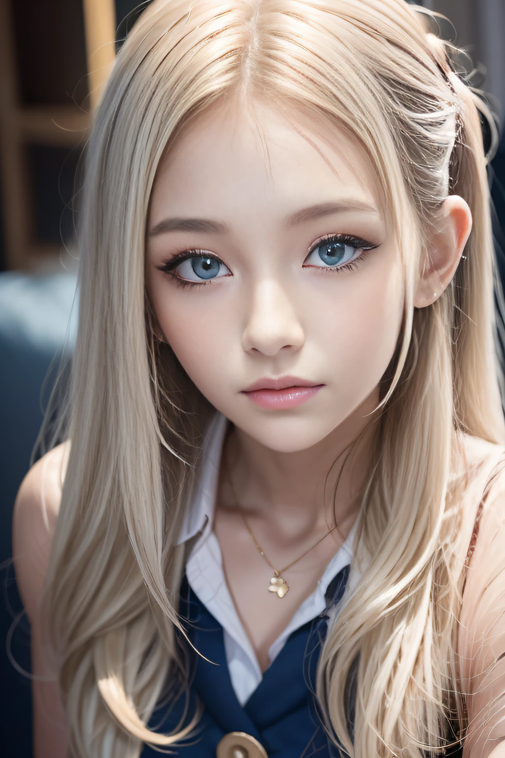 porate、School uniforms、bright expression、poneyTail、young and shiny white shiny skin、Best Looks、Gold reflects light、Platinum blonde hair,Shine brightly、Shiny light hair,、Super long silky straight hair、Beautiful bangs that shine、Big blue eyes sparkling,Like crystal clear,mesmerising、Very nice and lovely 16 year old girl、Lush bust