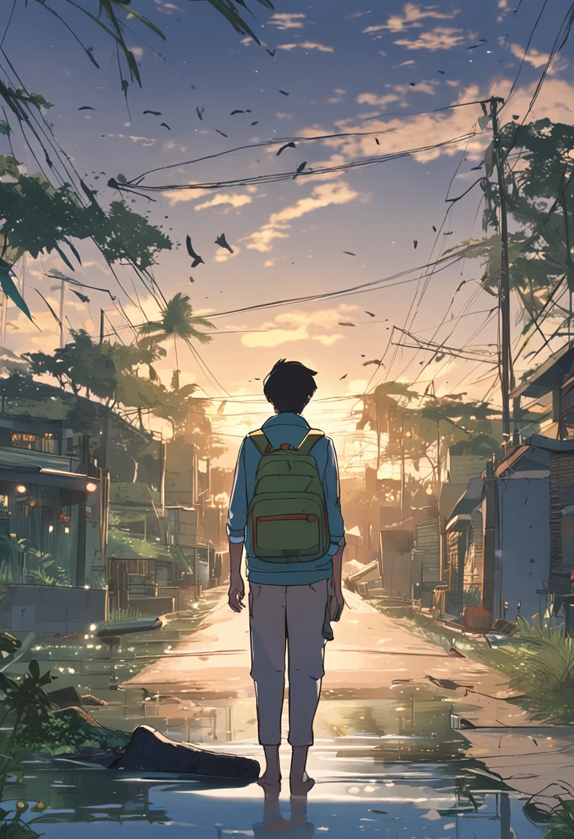 Makoto Shinkai animation art,Makoto Shinkai animated film,((best qualtiy)), ((tmasterpiece)), (A detailed:1.4),Enhanced dynamic perspective,jungles,nighttime scene,starrysky,(darkly:1.4),((Baby adventurer standing in front of supergiant butterfly,Butterflies spread their huge wings,shimmering under the moonlight,A starry stream flowed before him)),Crocodiles float on the water,(Adventurer backpack),(weeds),florals,(((adventurer clothing))),Glow effects,super-fine,Works of masters,high qulity,8K分辨率,depth of fields,电影灯光,Epic shooting,high qulity,super-fine,Detailed pubic hair,Accurate,Cinematic lighting