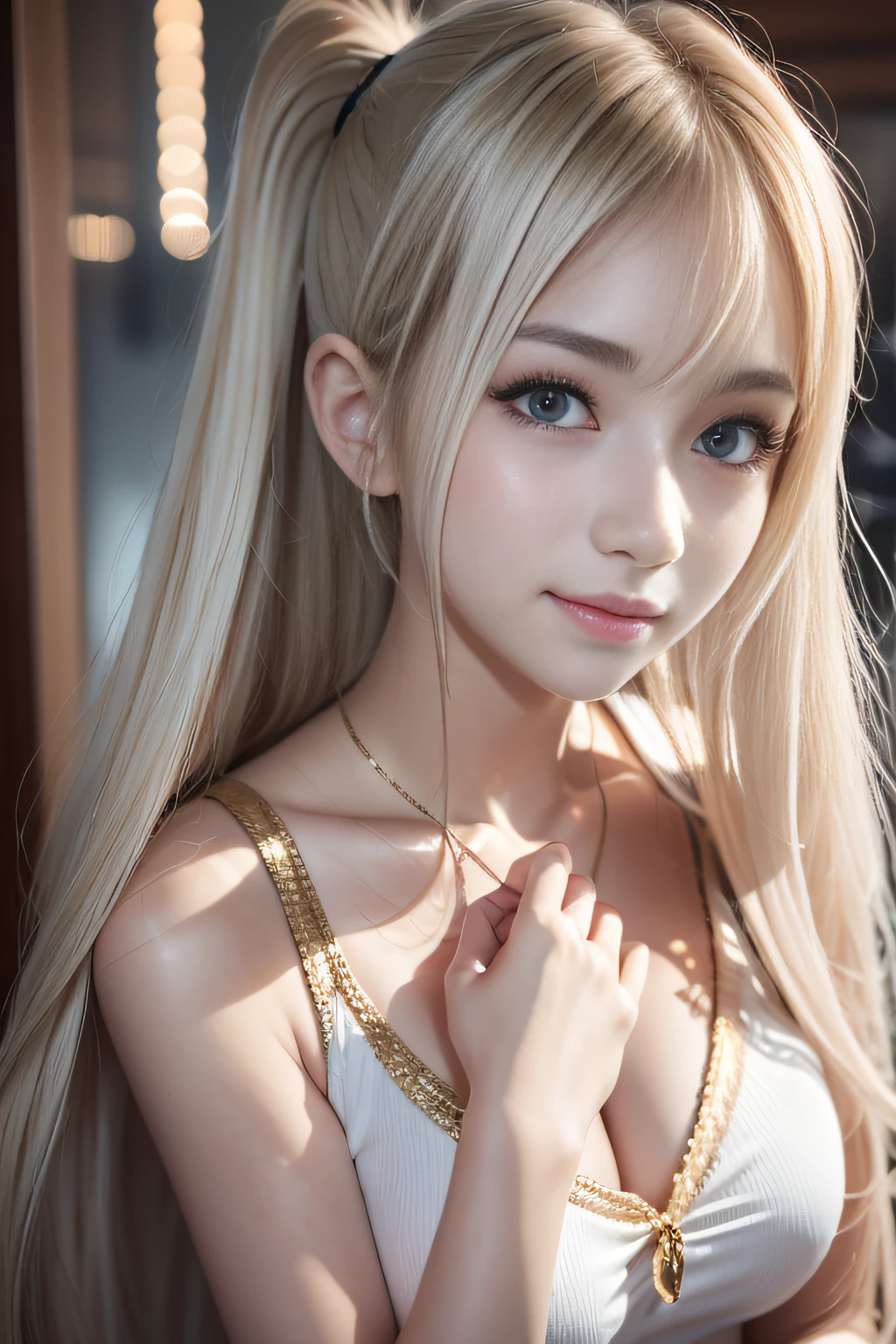 porate、School uniforms、bright expression、poneyTail、young and shiny white shiny skin、Best Looks、Gold reflects light、Platinum blonde hair,Shine brightly、Shiny light hair,、Super long silky straight hair、Beautiful bangs that shine、Big blue eyes sparkling,Like crystal clear,mesmerising、Very nice and lovely 16 year old girl、Lush bust