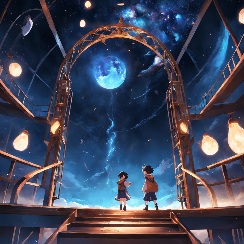 magic school,2boys,Floating staircase,Huge astronomical telescope,Magic Lab,The laughter of the students,(magic sparks:0.8)。