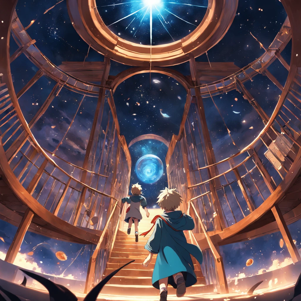 magic school，2boys，Floating staircase，Huge astronomical telescope，Magic Lab，The laughter of the students，（magic sparks：0.8）。