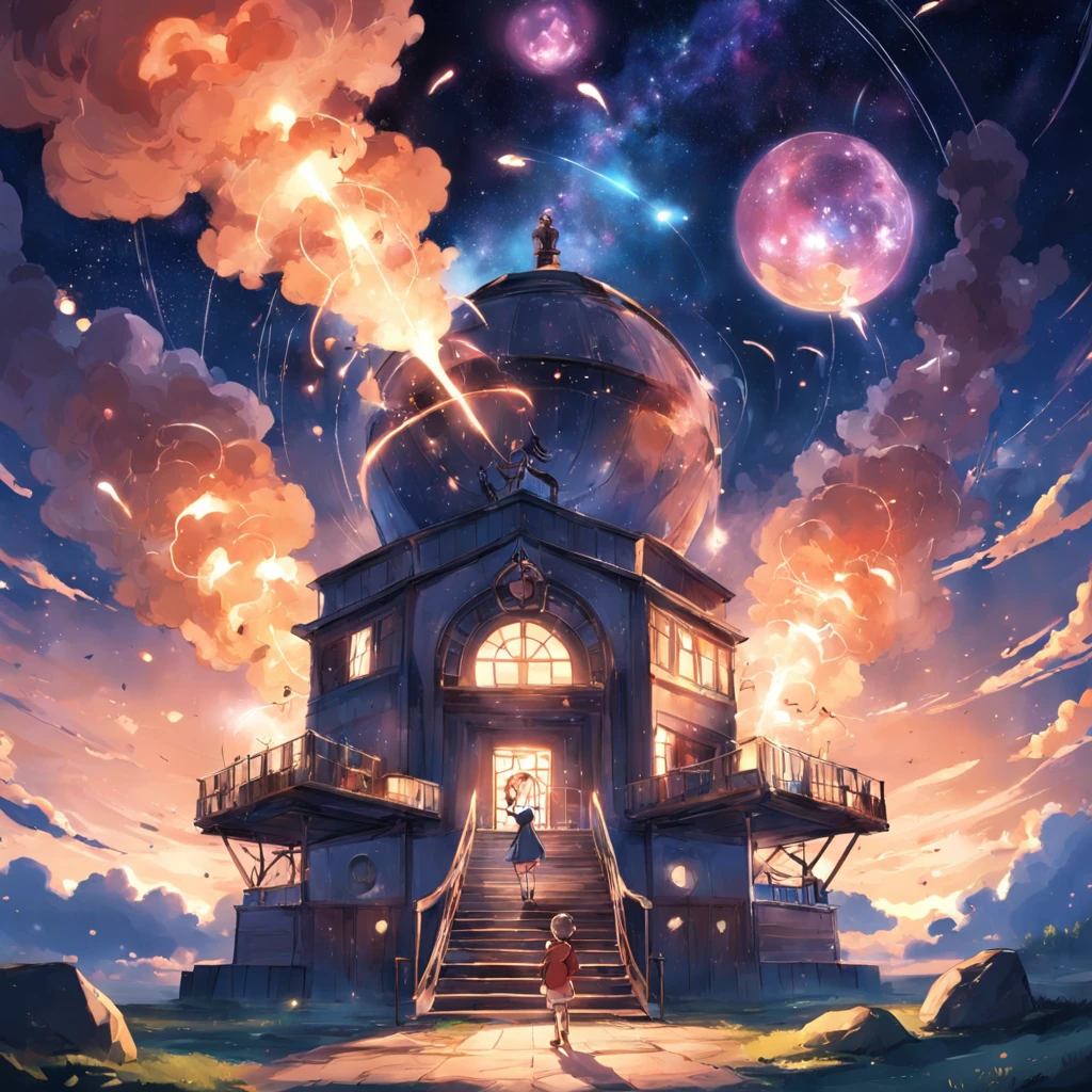 magic school,2boys,Floating staircase,Huge astronomical telescope,Magic Lab,The laughter of the students,(magic sparks:0.8)。