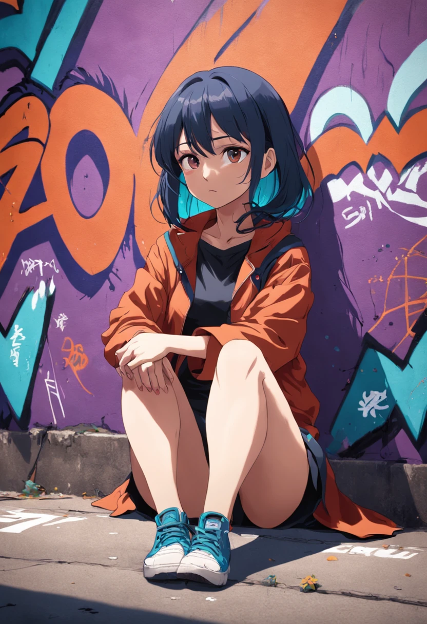 Woman sitting on the ground in front of a graffiti-covered wall
