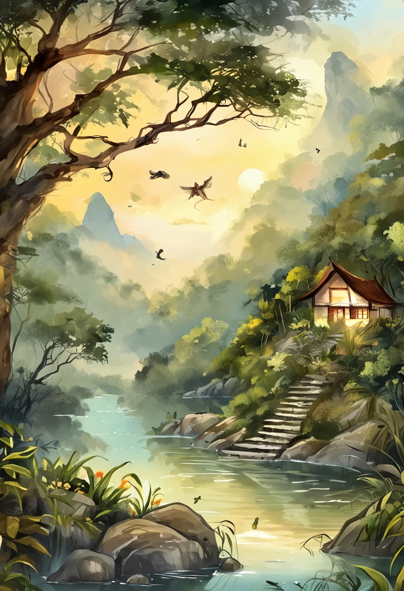 ((best qualtiy)), ((tmasterpiece)), (A detailed:1.4),Enhanced dynamic perspective,jungles,nighttime scene,starrysky,(darkly:1.4),(( adventurer standing in front of supergiant butterfly,Butterflies spread their huge wings,shimmering under the moonlight,A starry stream flowed before him)),Crocodiles float on the water,(Adventurer backpack),(weeds),florals,(((adventurer clothing))),Glow effects,super-fine,Works of masters,high qulity,8K分辨率,depth of fields,电影灯光,Epic shooting,high qulity,super-fine,Detailed pubic hair,Accurate,Cinematic lighting
