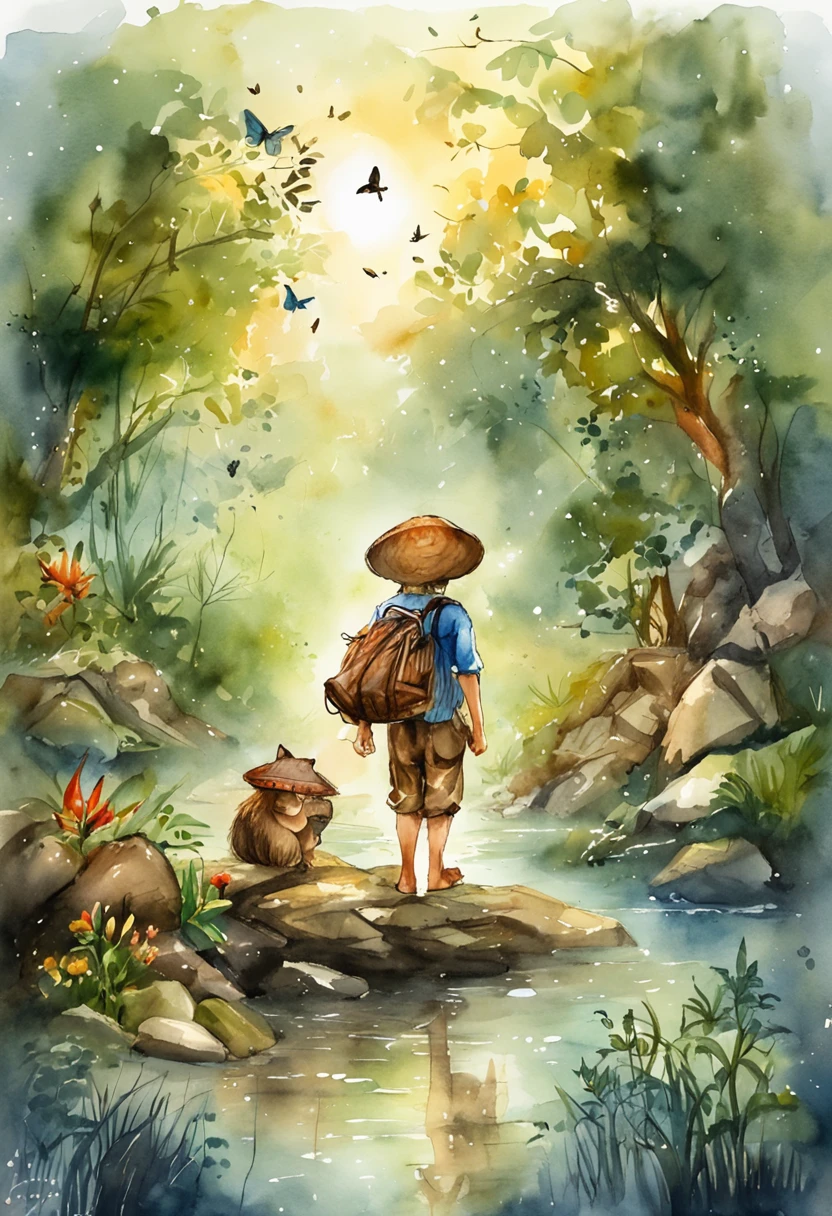 ((best qualtiy)), ((tmasterpiece)), (A detailed:1.4),Enhanced dynamic perspective,jungles,nighttime scene,starrysky,(darkly:1.4),(( adventurer standing in front of supergiant butterfly,Butterflies spread their huge wings,shimmering under the moonlight,A starry stream flowed before him)),Crocodiles float on the water,(Adventurer backpack),(weeds),florals,(((adventurer clothing))),Glow effects,super-fine,Works of masters,high qulity,8K分辨率,depth of fields,电影灯光,Epic shooting,high qulity,super-fine,Detailed pubic hair,Accurate,Cinematic lighting