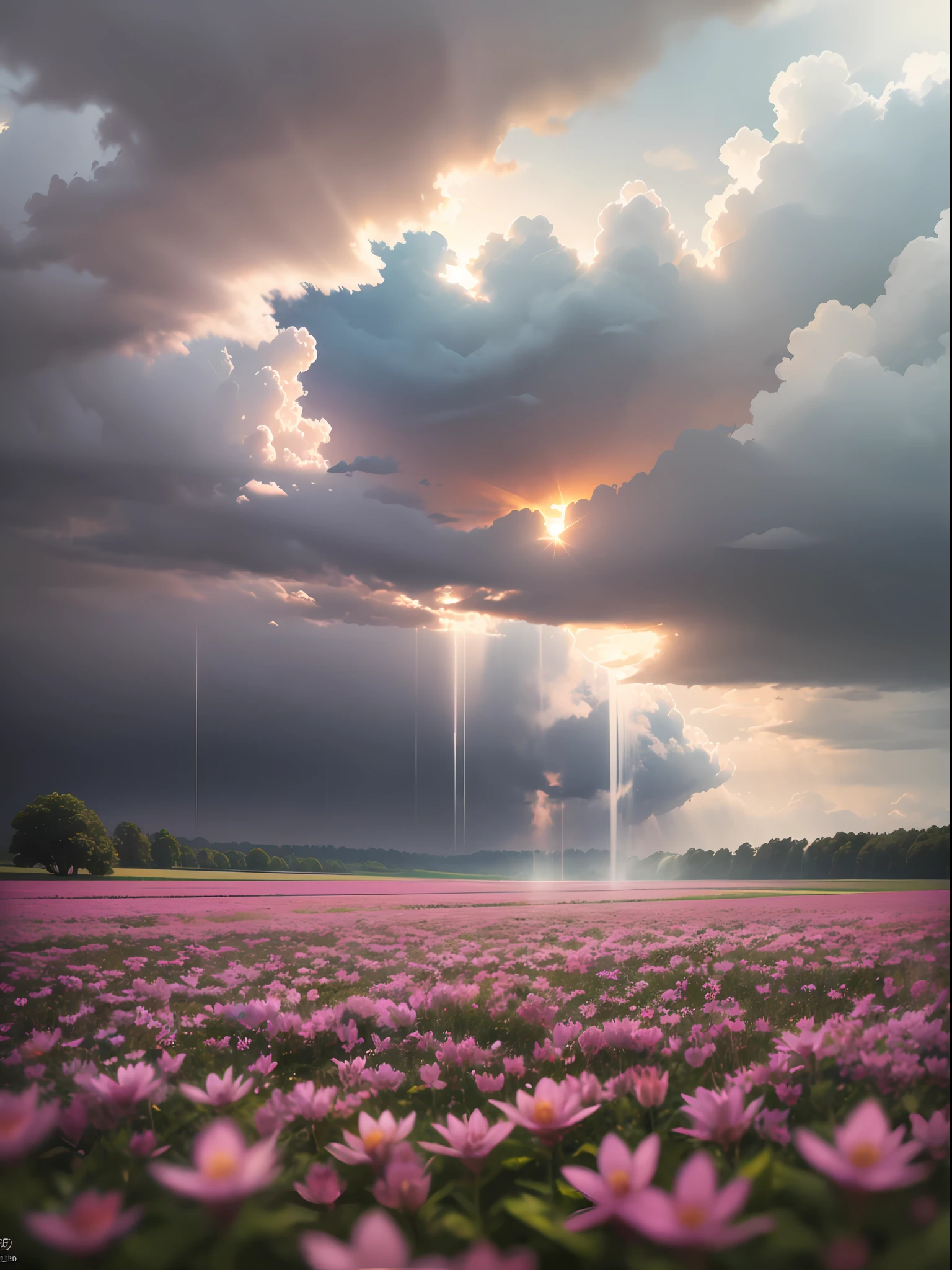 Torrential downpour cascading from foreboding nimbus clouds onto a vibrant flower field illuminated by warm evening light, partial sunlight, volumetric rays, radiant skin, sharp focus --auto --s2