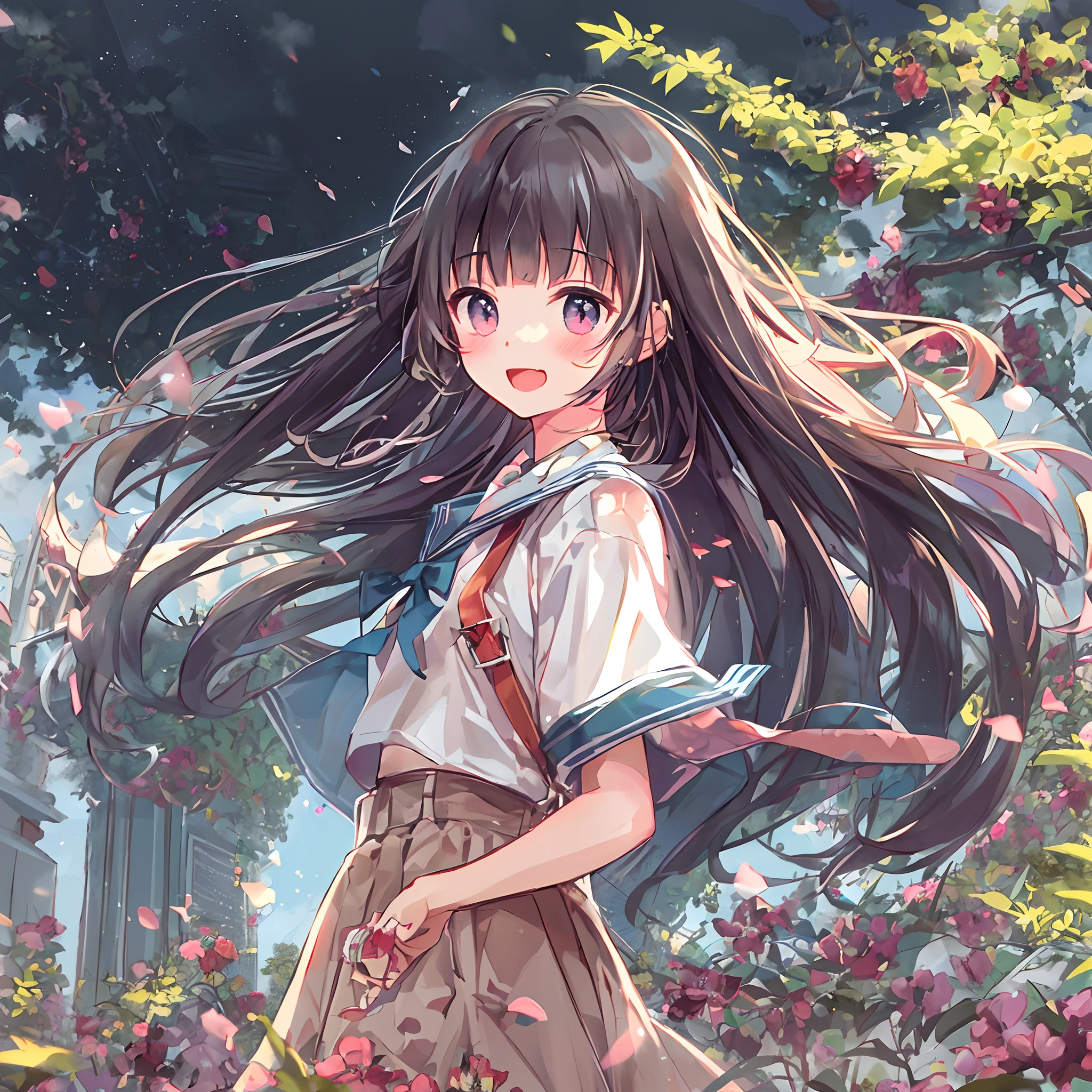 absurderes, hight resolution, ((masutepiece)), animesque、((Best Quality)), (Ultra-detailed), (Beautiful), ((Kawaii 1 Girl)), 独奏,ars、Beautiful face、White skin、Route to schools in the city、Under the sparkling midsummer sun、shiny long pale black hair、 (medium breasts:1.3)、BREAK、The upper part of the body、Gentle face、(Blunt bangs:1.3),Ephemeral、Cute summer uniform、satchel、Coming to school、Bright smile、Angle from behind、The skirt flutters in the wind、Girl's hair flutters in the wind