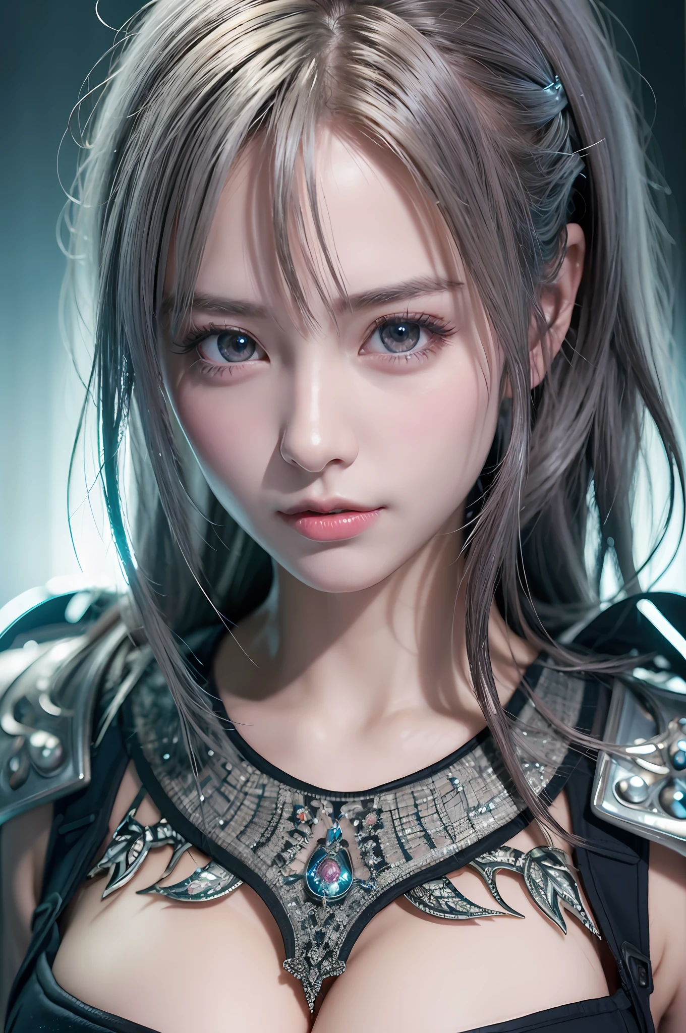 top-quality、8K Masterpiece、超A high resolution、(Photorealsitic:1.3)、Raw photo、女の子1人、silver white hair、glowy skin、1 Cyberpunk Super Beautiful Soldier、((super realistic details))、portlate、globalillumination、Shadow、octan render、8K、ultrasharp、beauty breast、Raw skin is exposed in cleavage、metals、cold color、、highly intricate detail、Realistic light、CGSoation Trends、Beautiful eyes、radiant eyes、Facing the camera、neon details、