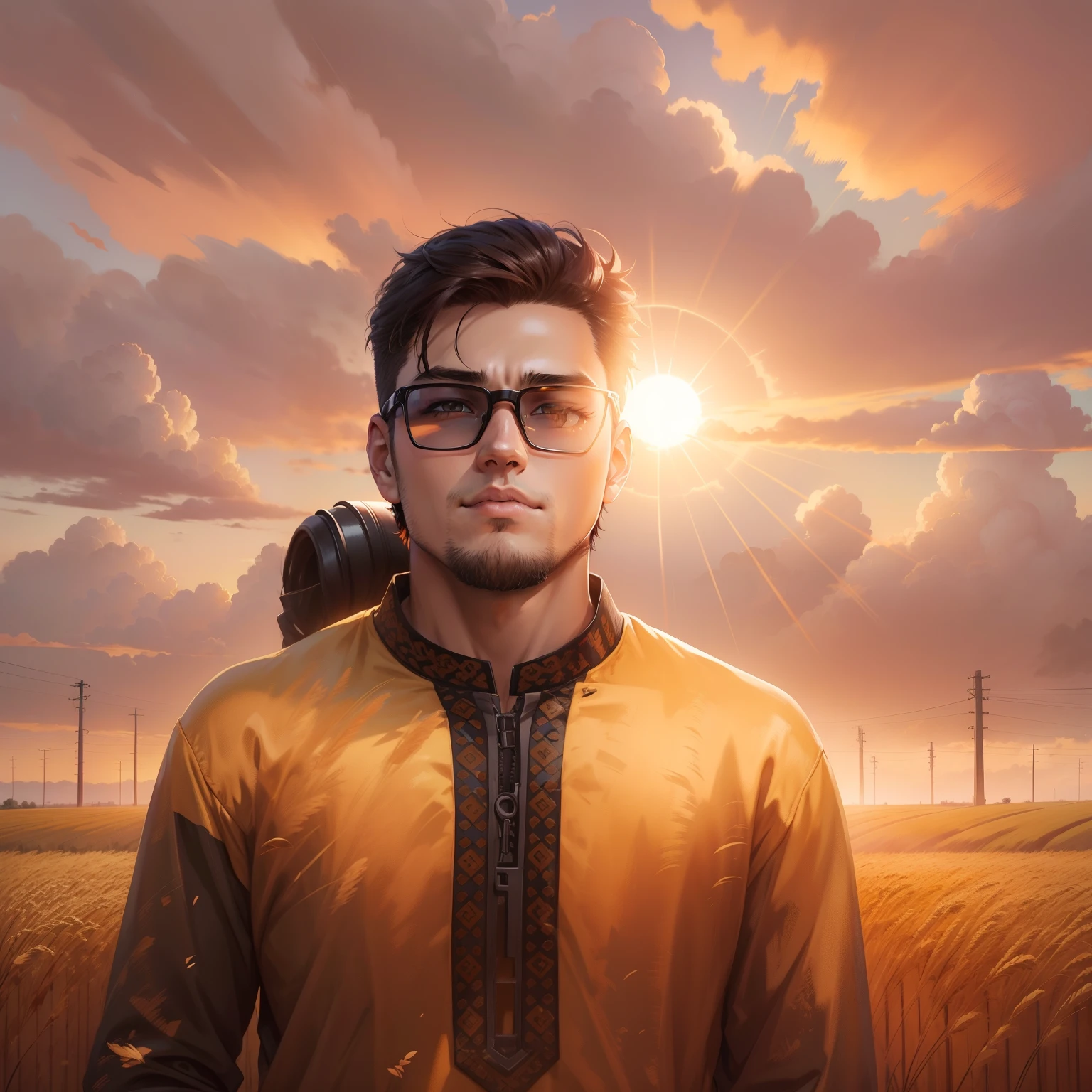 Anime boy in wheat field with sunrise background, Anime handsome man,brunette color hair,Black eyes,Blackn clothes, Anime portrait of a handsome man, Official illustration, offcial art, young anime man, Key anime art,