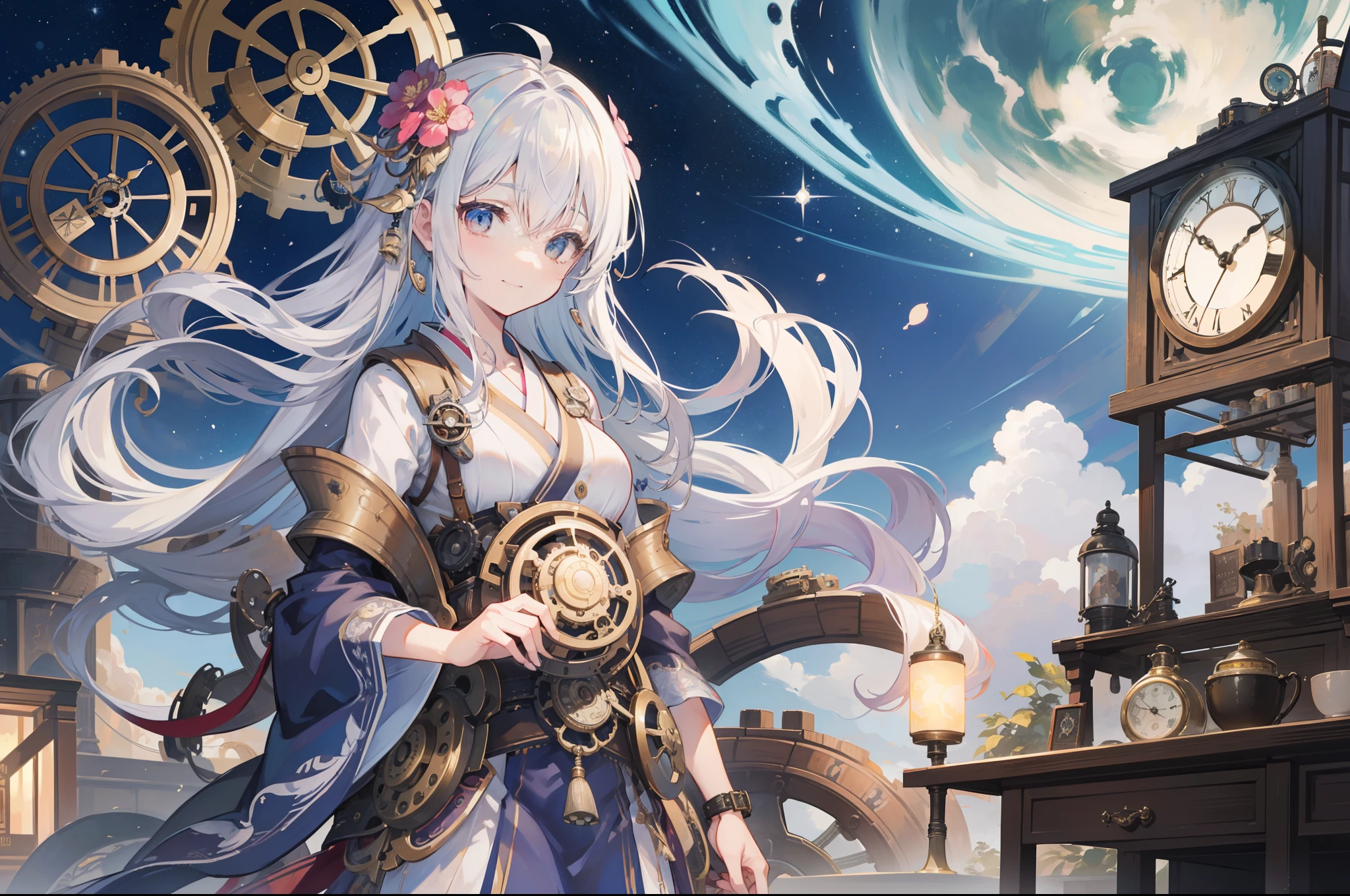 steampunc、steams、Into the cloud、(((gear wheel, Clocks and plumbing)))、夏天、Beautuful Women、Light kimono in steampunk style, decorated with countless gear and watches、Midday Sun、steams、Large space、high sky、clouds、Detailed drawing、intricate illustrations、Overwhelming drawing、Smooth depiction、Countless gear and watch decorations、Sheer sunlight、Beautiful eyes drawn down to the smallest detail、perfectly proportions、Balance of the whole body、Grinning、zoomout、ink drops、