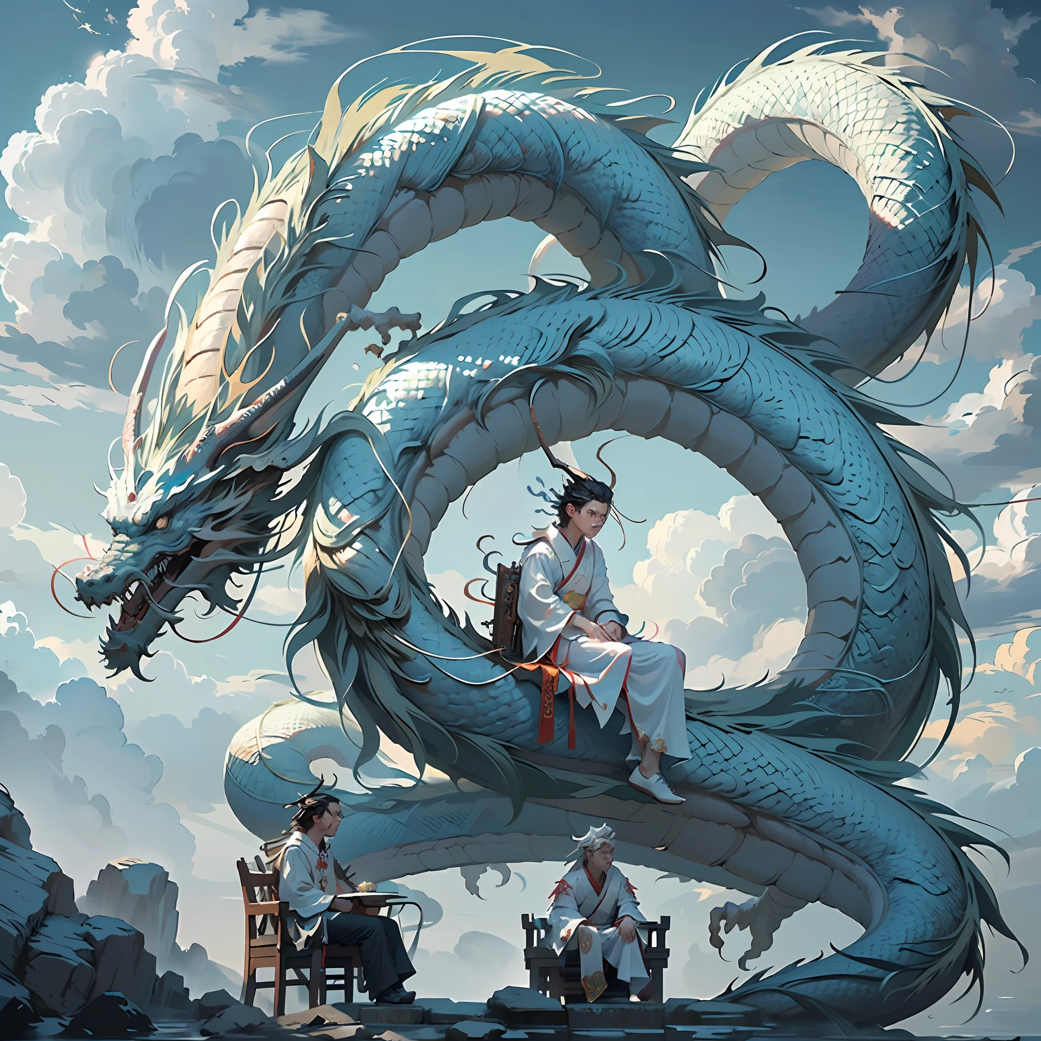 （tmasterpiece，high high quality，best qualtiy，offcial art，Beauty and aesthetics：1.2），epic cinematic，ultra - detailed，hyper realisitc， (1boys:1.5),(full bodyesbian:1.2),(The boy sits on the dragon:1.5),(1 Dragon：1.5），White Hanfu，（White dragon：1.1），dynamicposes，looking at viewert，（in a cloud：1.4），（Thick cloud cover：1.1），White clouds around，Auspicious clouds，Fascinating coloring，Drama Lighting，rim-light，（Depth of view：1.2）