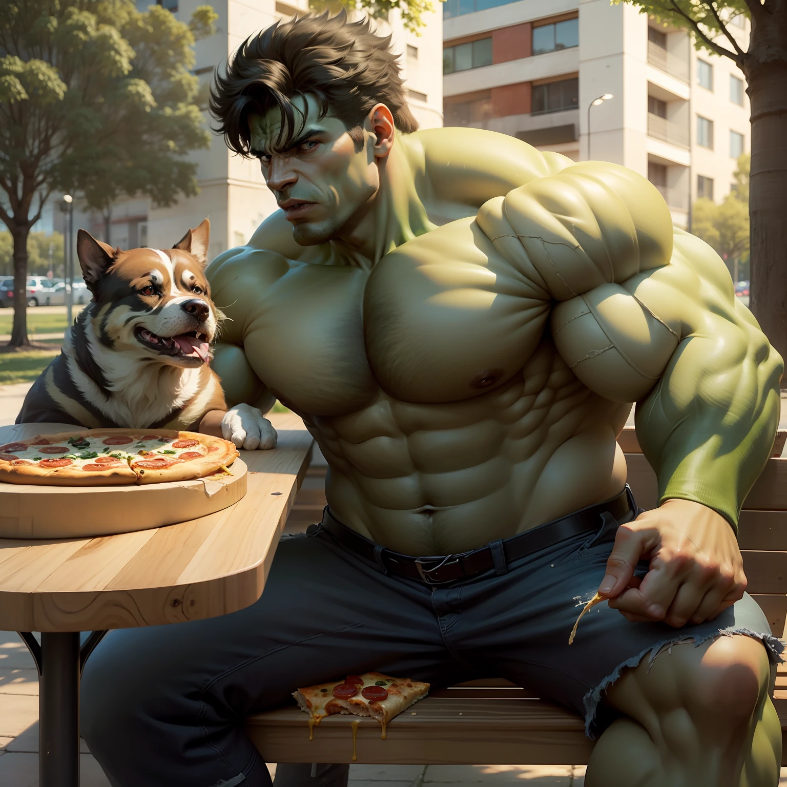hulk comiendo pizza en el banco de un parque con un perro al lado