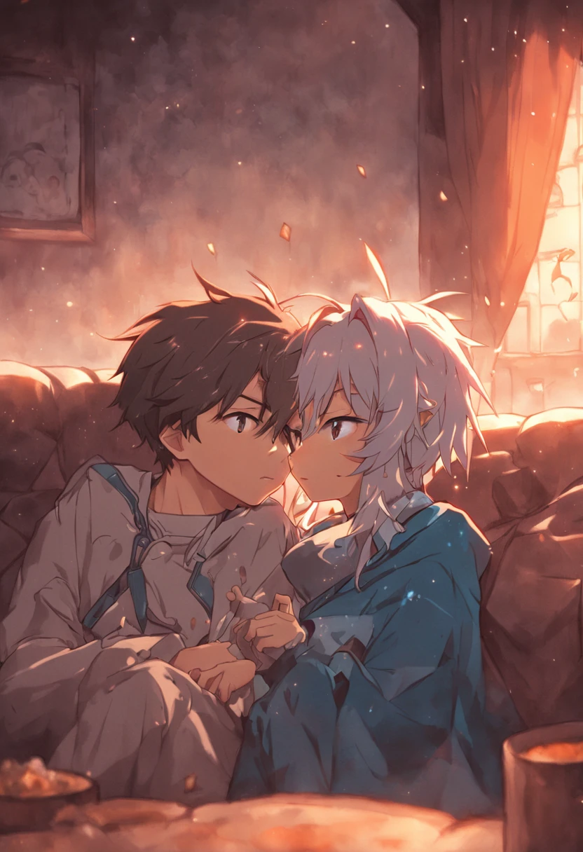 ((Casal Ravena e Mutano:1.5), cuddled on the couch after ordering a snack:1.3), super detailed illustration, 16k