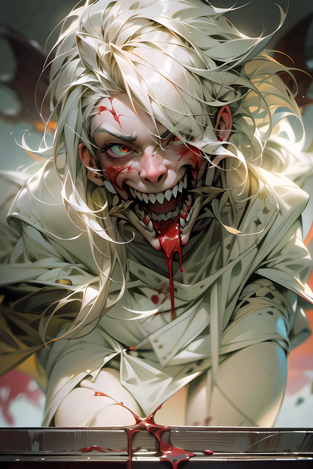 Handsome vampire teenager,(Full body like:1.5),long canine teeth,There is blood on the teeth,long whitr hair,(blood stains at the corners of the mouth:1.4),The background is clean,solid color backdrop,shadowing,Blood,depth of fields,dynamic blur,high light,Real light,Ray traching,oc rendered,Hyper-realistic,best qualtiy,8K,Works of masters,super-fine,Detailed pubic hair,Correct anatomy,Bokeh