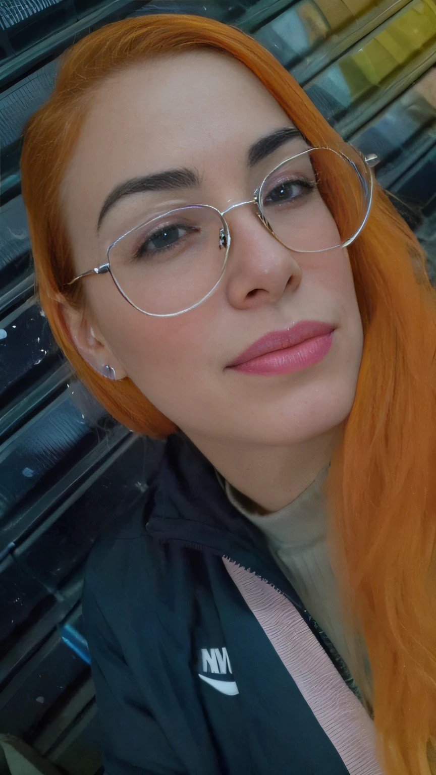There's a woman with red hair and glasses posing for a photo, taken in the early 2020s, imagem de qualidade muito baixa, imagem de perfil, tiradas no final dos anos 2000, !!wearing modern glasses!!, orange hair, Directed by: Nandor Soldier, Parece Ebru Sahin, cabelo laranja longo