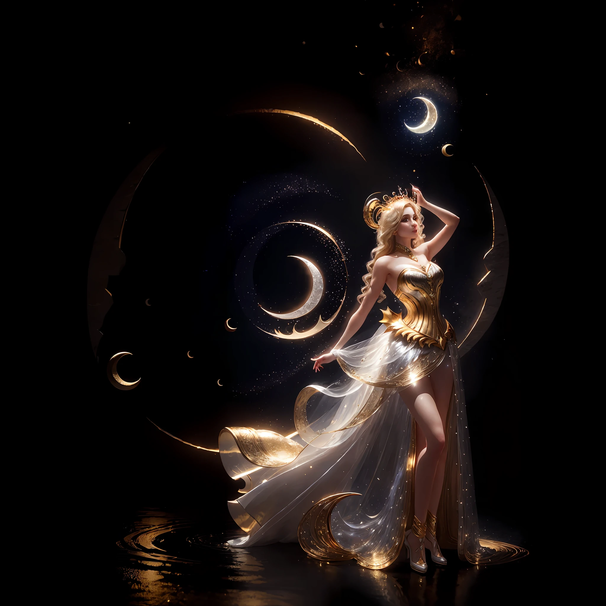 masterpiece, highest quality, solo focus, (perfect face:1.1) , (high detail:1.1), (dramatic, 1.5), 1 muscular female:1.3, (blonde curled hair:1.2), (gold jewelry), (crescent moon crown:1.3),  (dresses in simple silver gown),  (outdoors in deep darkness), (dark:1.3), (limned in bright light mirrored by the moon above her), hyper detailed, digital art, studio quality, smooth render, unreal engine 5 render, octane render, 8K, particle effects,
