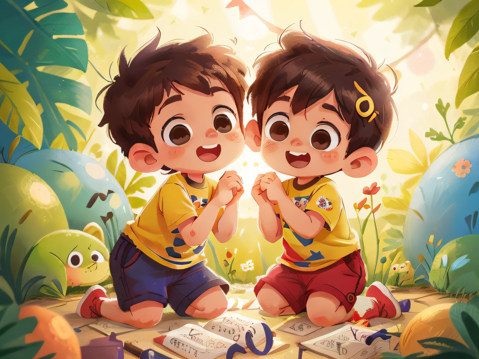 Two  boys celebrating happily : 0.8), (obra-prima: 1.2) (realista: 1.2) (Bokeh) (melhor qualidade) (pele detalhada: 1.3) (detalhes intrincados) (8k) (olhos de detalhe) (foco nítido), (Feliz)