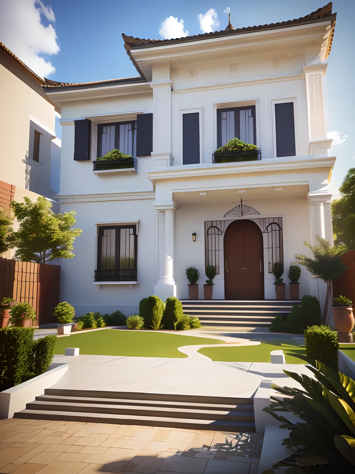 render as 3D design perspective of the facade, the house facade has a classic style, the main color of the house is white