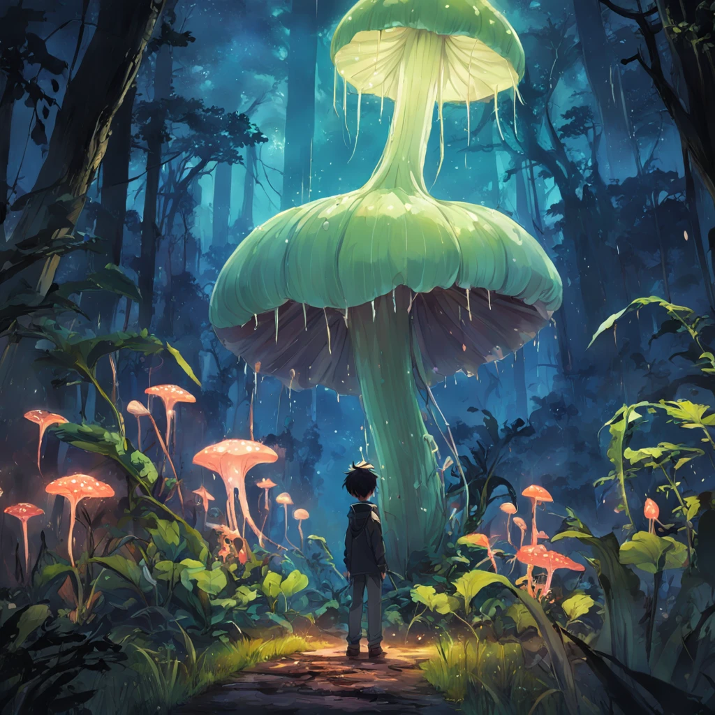 Mysterious botanical garden,1boy,Huge carnivorous plant,glowing mushrooms,Foggy,butterflies flying,(dewdrops:0.8)。