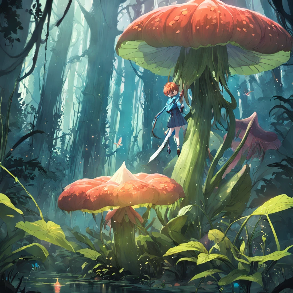 Mysterious botanical garden,1boy,Huge carnivorous plant,glowing mushrooms,Foggy,butterflies flying,(dewdrops:0.8)。