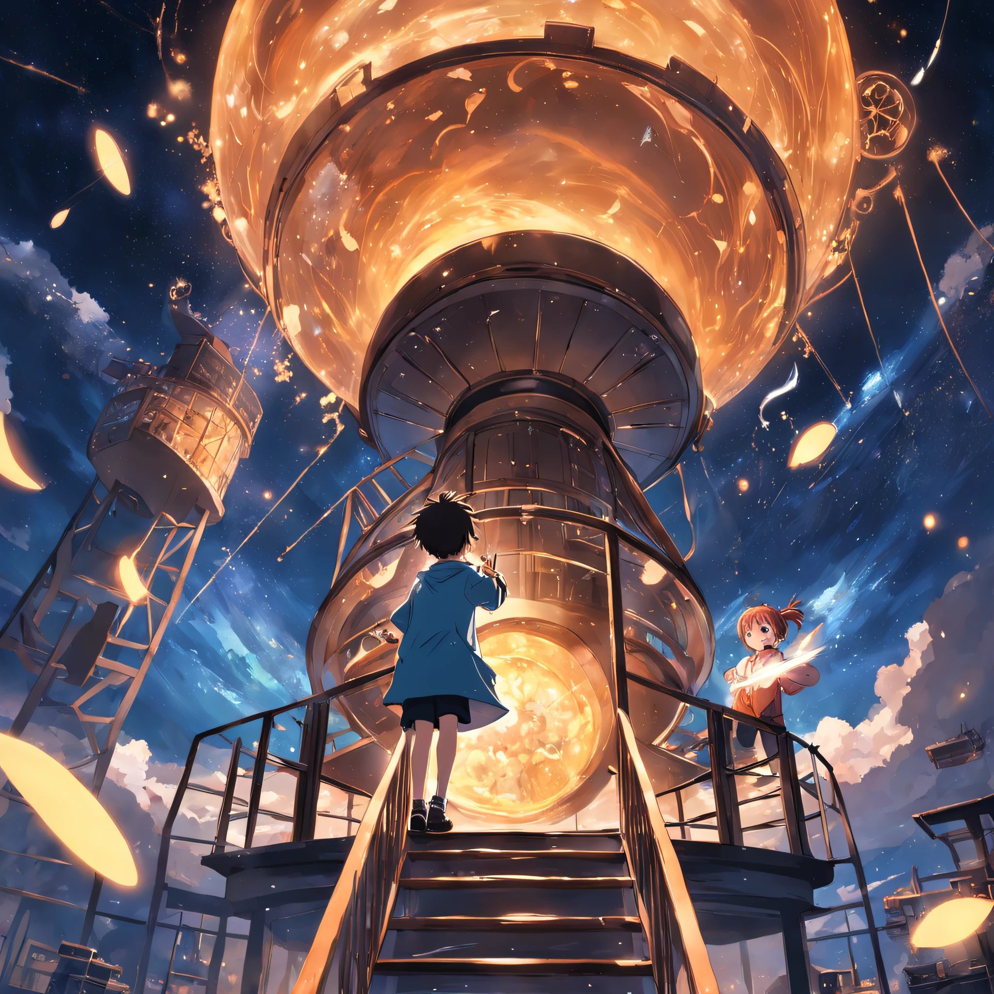 magic school,2boys,Floating staircase,Huge astronomical telescope,Magic Lab,The laughter of the students,(magic sparks:0.8)。