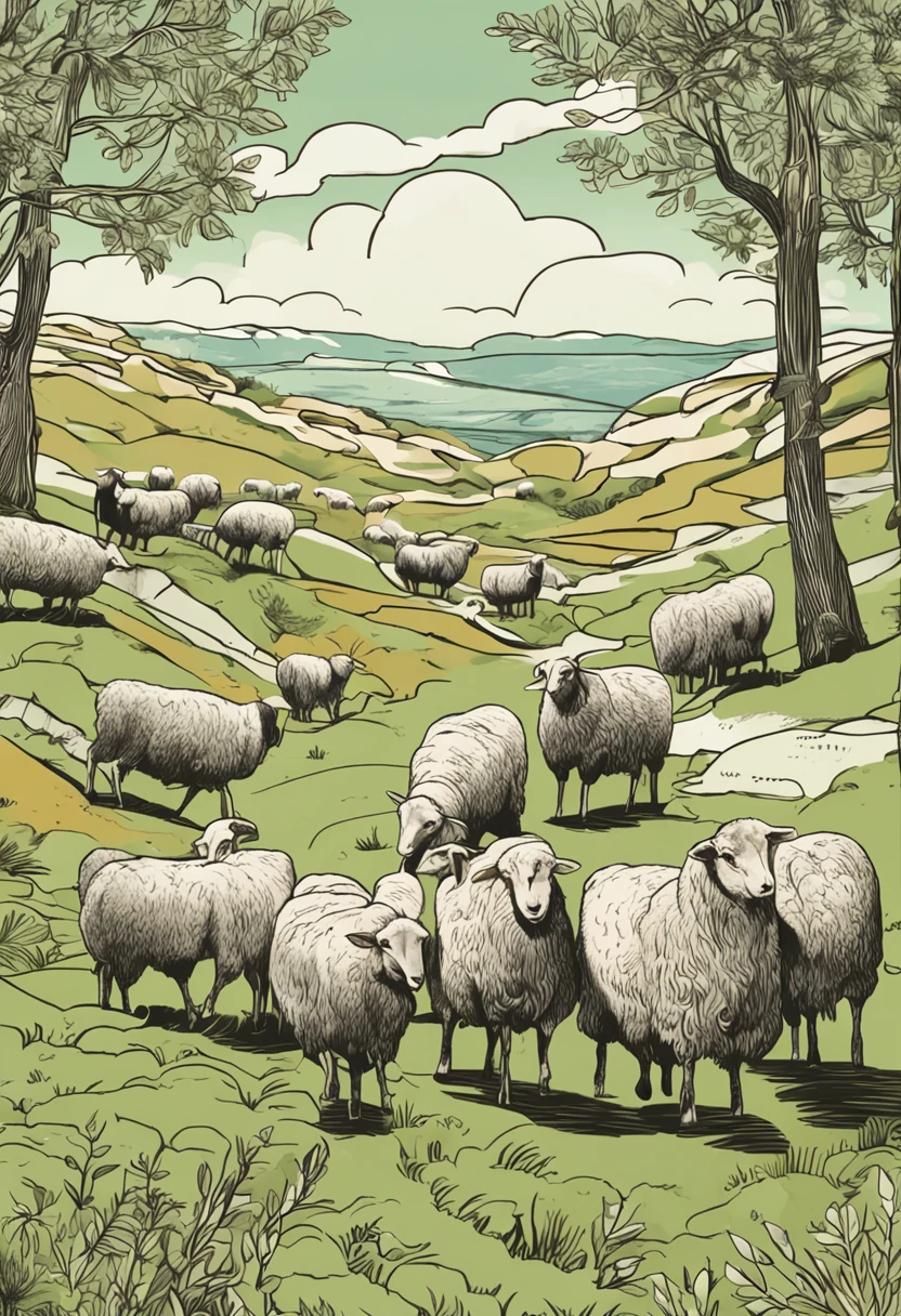 Illustrate a scene inspired by Psalm 23: Depict a serene landscape where a shepherd, symbolizing divine guidance, leads a flock of sheep through a peaceful valley. The valley, though shrouded by shadows, emanates a sense of calmness and security. The shepherd's presence exudes reassurance as he tends to his flock beside tranquil waters and lush green pastures. Capture the essence of 'The Lord is my shepherd; I shall not want,' embodying the themes of protection, guidance, and tranquility amidst life's challenges