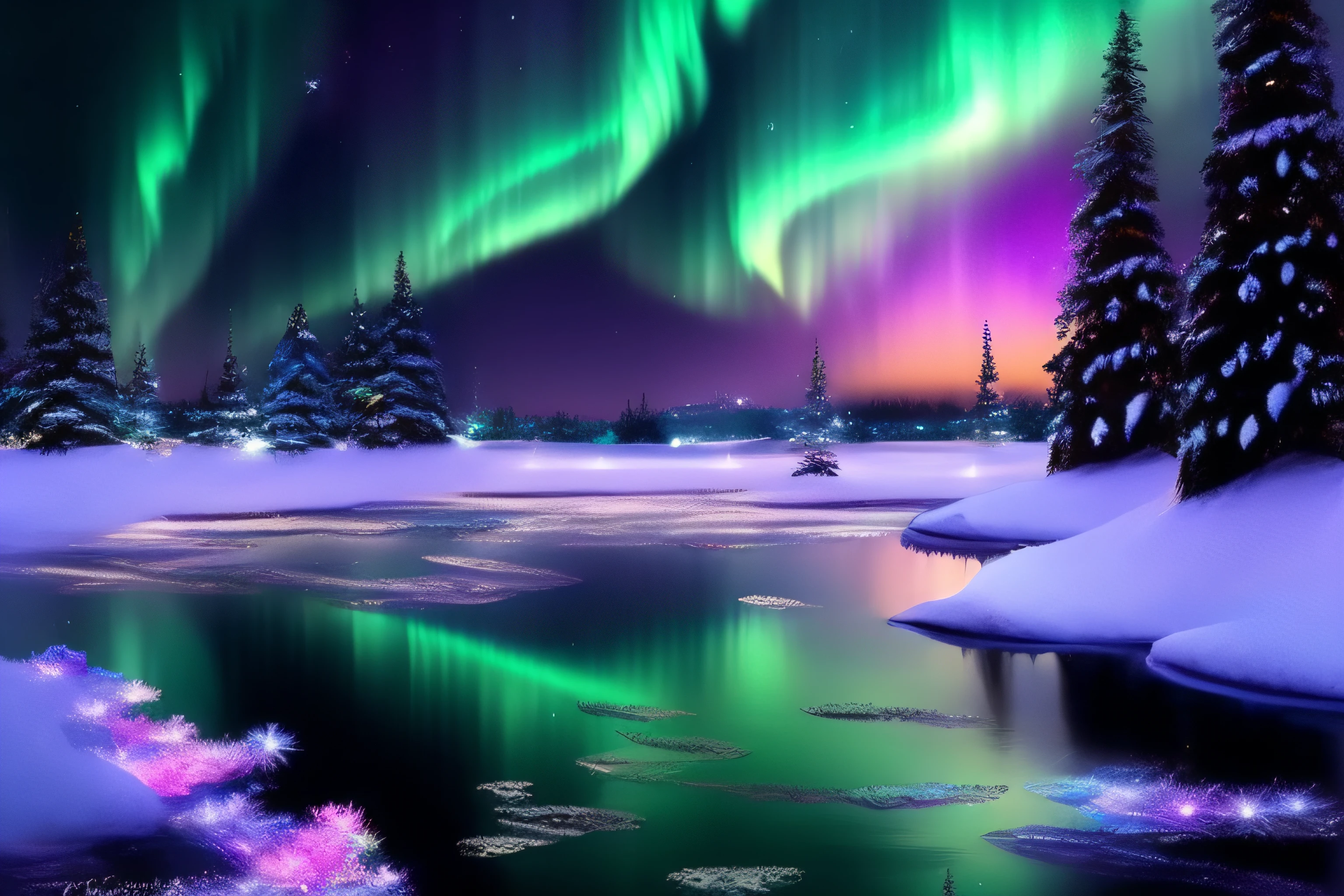 Aurora、starrysky、rainbows、Night Rainbow、ice age, An enchanting polar night setting where the Northern Lights dance across the sky, Cast bright shades of green and purple, An ice lake reflecting colorful scenes, Snow-covered pine trees create a serene atmosphere, Convey a sense of tranquility and magic,