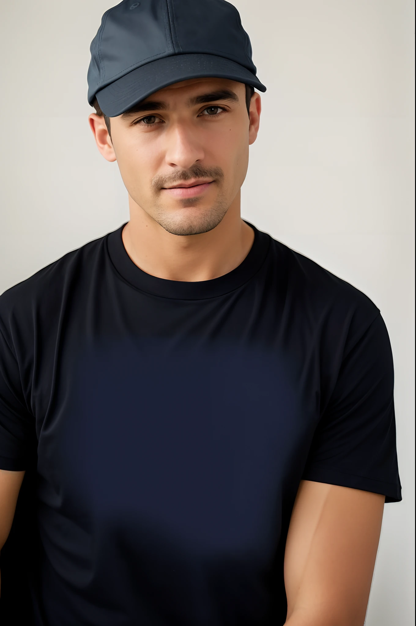 Arafed man wearing a baseball cap and a black jersey, em camiseta, foto oficial do produto, vestindo uma camisa polo azul escuro, wearing a navy blue utility cap, inspirado em Albert Guillaume, vestindo uma camiseta, extremely high-resolution, inspired by Eugène Brands, foto de um homem, Camiseta, T - Camisa, sem texto, Macho sorridente, fotografiarrealista, fotografia, obra-prima, realista, Realismo, renderizado, Alto contraste, Arte Digital, fotográficorealista, trend in Artstation 8k HD, high definiton, circunstanciado, Realistic, detalhada, textura da pele, hiperdetalhada, Textura realista da pele, melhor qualidade, ultra high-resolution, (fotografiarrealista: 1.4), alta resolução, detalhada, fotografia crua, sharp resolution, Nikon D850 filmes, fotografia de stock 4, Kodak Portra 400 Camera F1 Lens.6, textura hiper realista, lighting dramatic, Unrealistic trend in Artstation Cinestill 800, ...RAW. Directed by: Lee Jeffries.