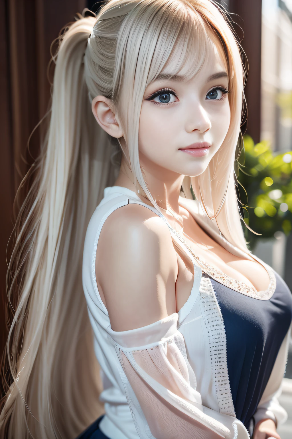 porate、School uniforms、bright expression、poneyTail、young and shiny white shiny skin、Best Looks、Gold reflects light、Platinum blonde hair,Shine brightly、Shiny light hair,、Super long silky straight hair、Beautiful bangs that shine、Big blue eyes sparkling,Like crystal clear,mesmerising、Very nice and lovely 16 year old girl、Lush bust