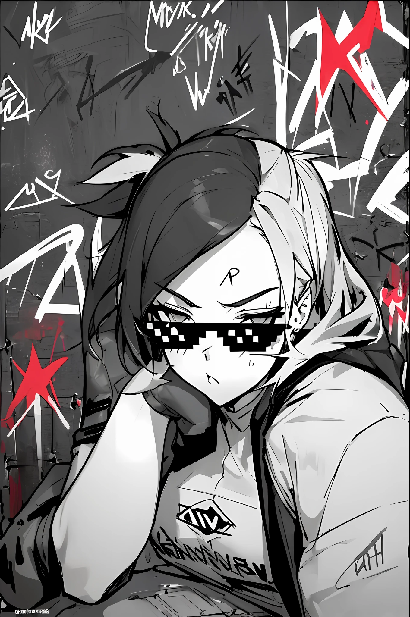 "An assertive and confident waifu with a badass attitude, leaning against a graffiti wall and flexing in a cocky manner. Dealwithit."