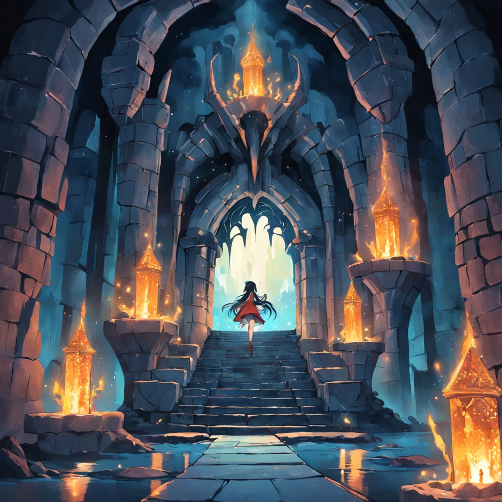 underground castle,2girls,Gem-encrusted walls,Statue of a dragon,Hidden passages,Magic Array,(torches:0.7)。