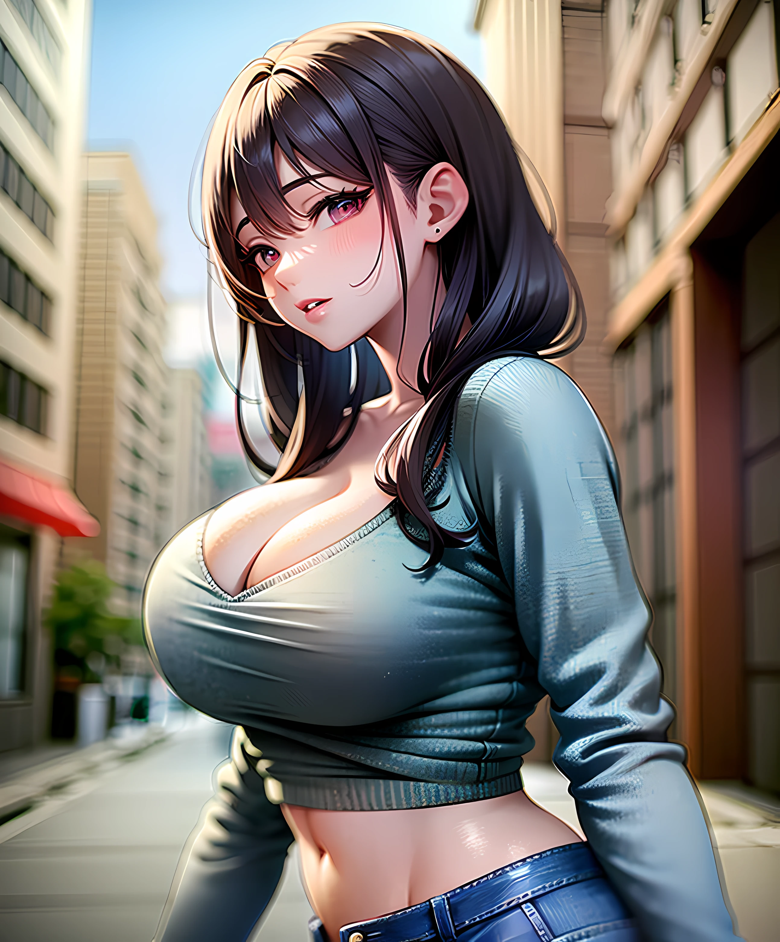 Anime girl in pink top and jeans stands on the street, Big breasts!!, SFW huge breasts, Lori, a human-like juicy peach, Chest covered、SFW, Seductive Anime Girl, digital anime art!!, Ecchi anime style, Large breasts, semirealistic anime style, Big breasts