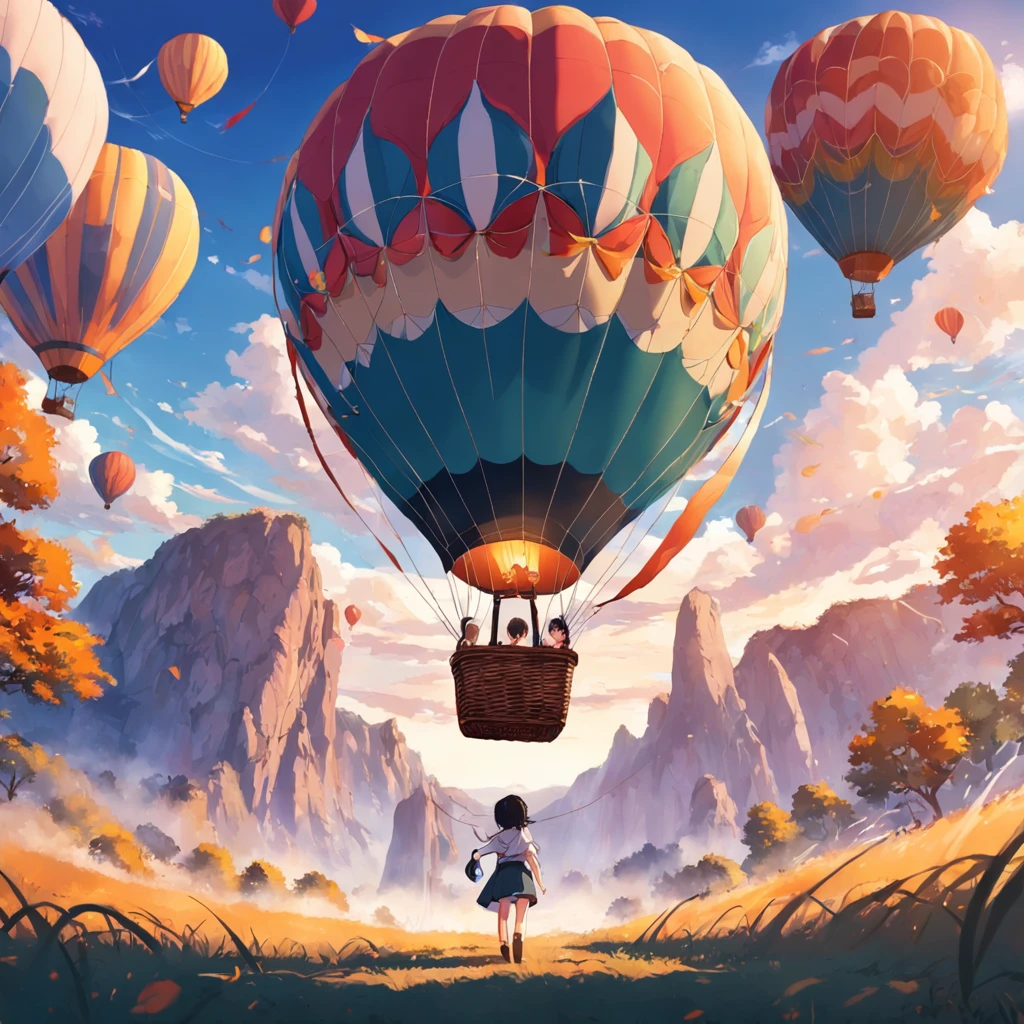 Hot Air Balloon Festival,2boys 1girl,Colorful hot air balloons take off,crowd cheering,Valley background,Picnic basket,(streamers:0.7)。