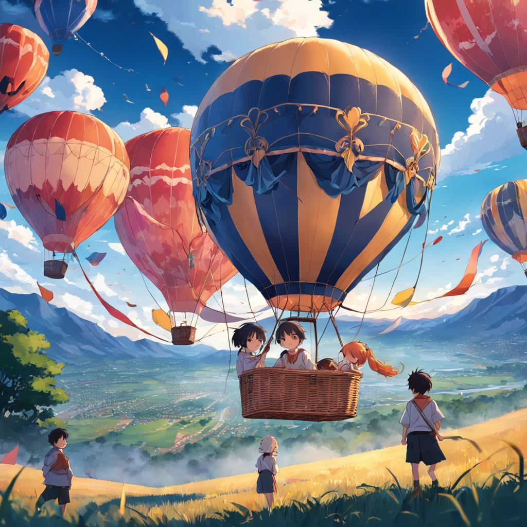 Hot Air Balloon Festival，2boys 1girl，Colorful hot air balloons take off，crowd cheering，Valley background，Picnic basket，（streamers：0.7）。