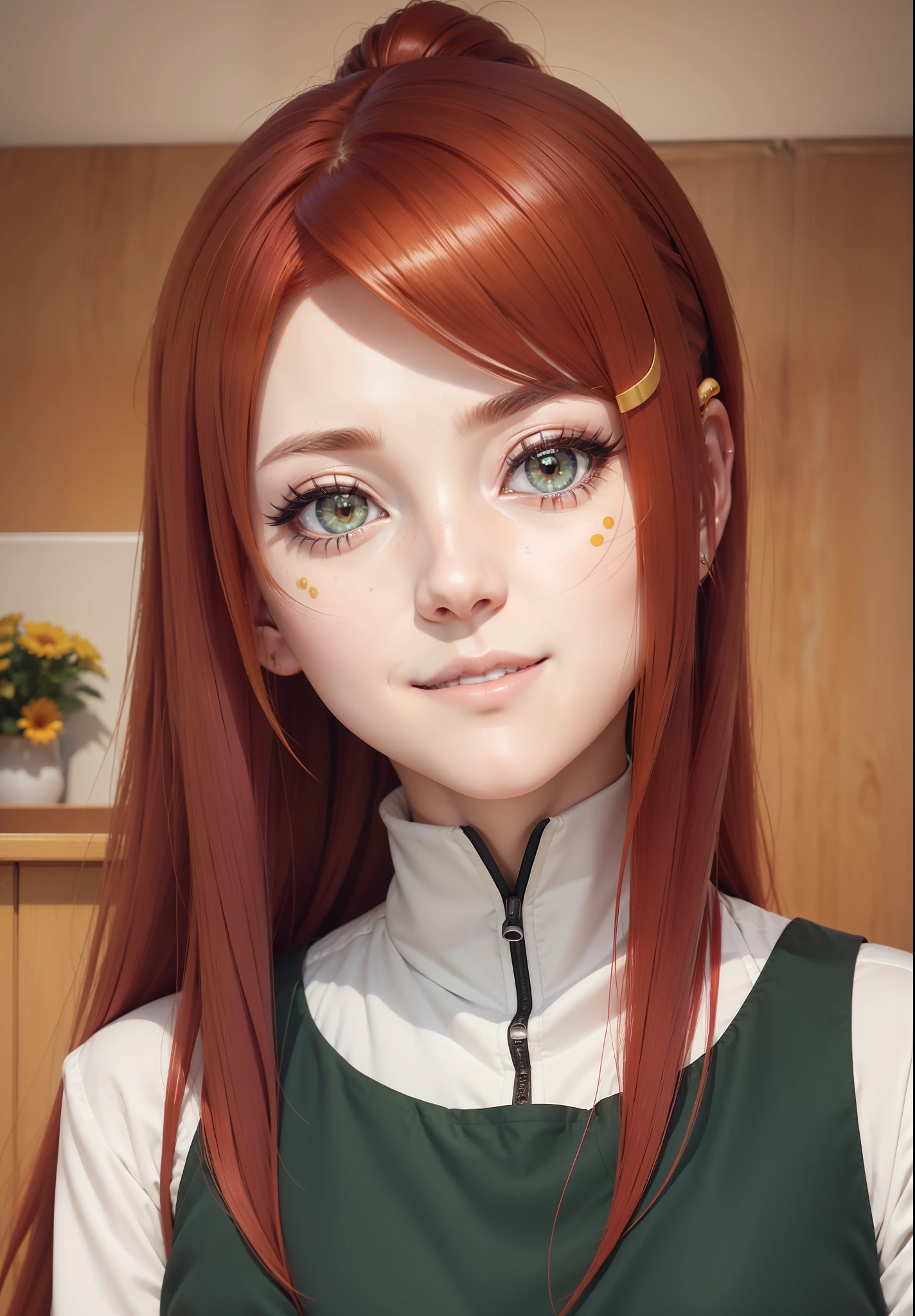 real Life adaption of this character,her name is Kushina uzumaki from anime boruto ,hyper realistic ,detailed shining light red hair With a medium size yellow hair clip on it, high resolution, photorealistic,very detailed,realistic Green apron with white shirt, detailed shining grey eyes ,Korean  cute girl face,smiling expression