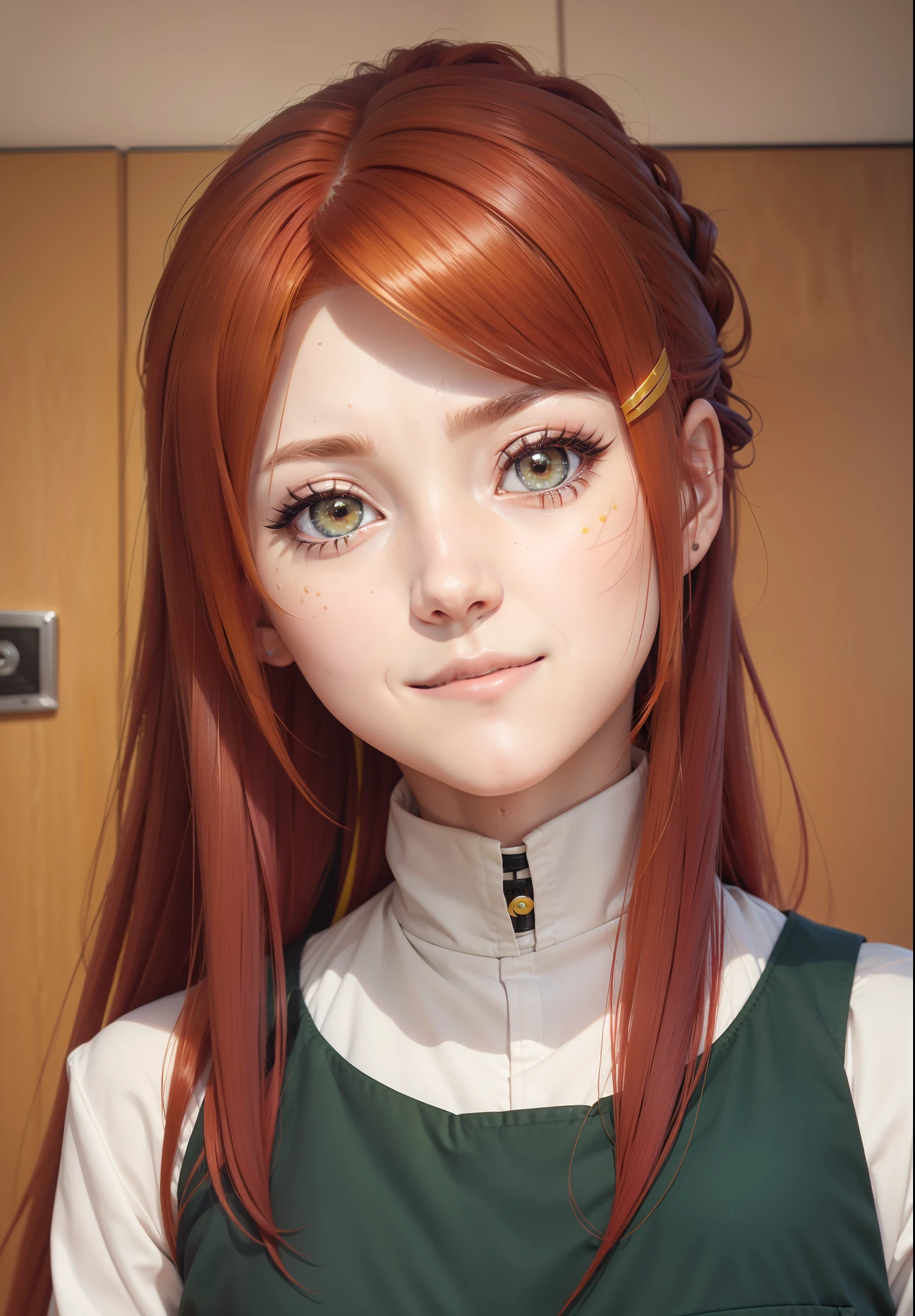 real Life adaption of this character,her name is Kushina uzumaki from anime boruto ,hyper realistic ,detailed shining light red hair With a medium size yellow hair clip on it, high resolution, photorealistic,very detailed,realistic Green apron with white shirt, detailed shining grey eyes ,Korean teen cute girl face,smiling expression