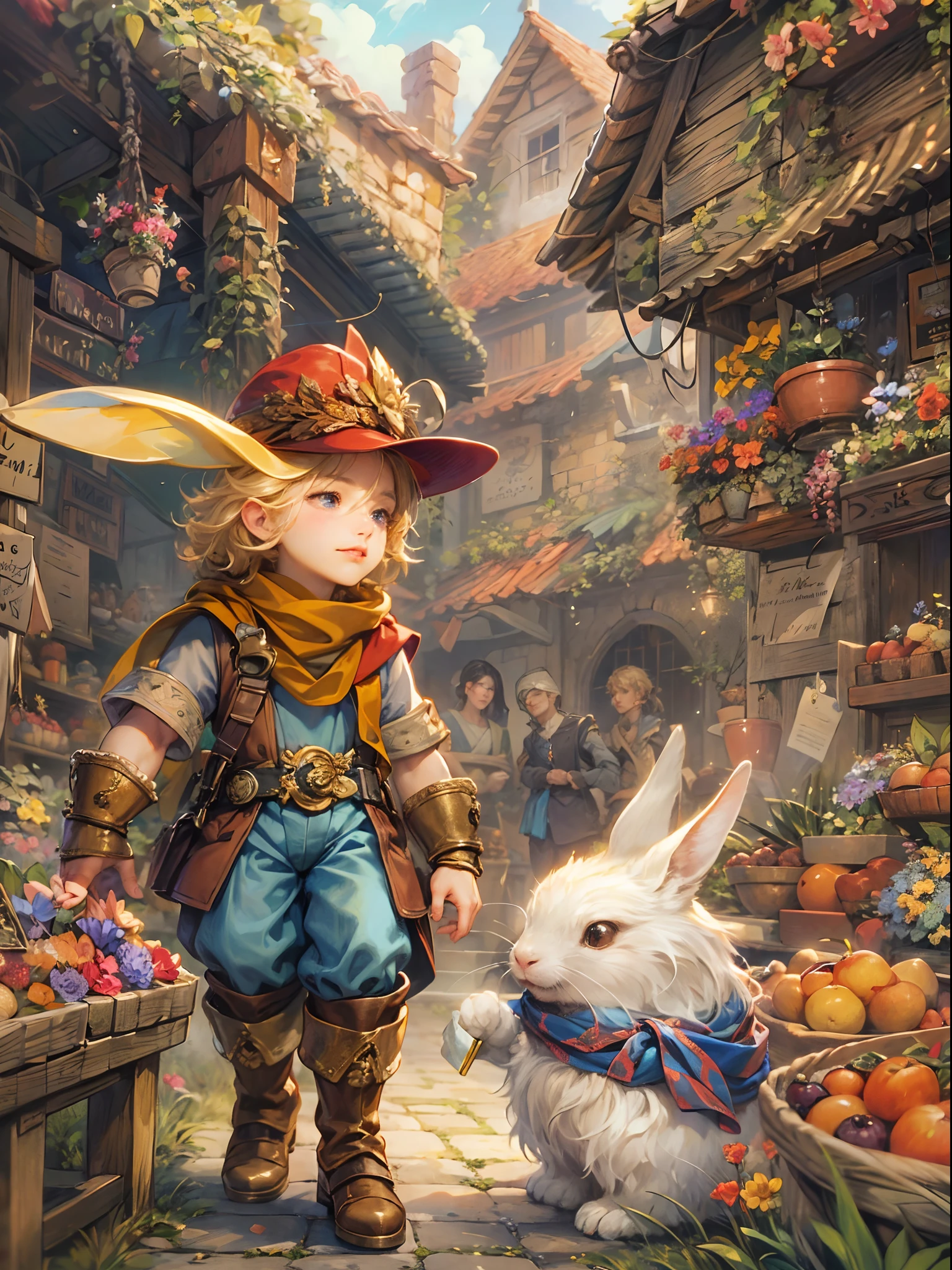 (absurdres, highres, ultra detailed, HDR), masterpiece, best quality, legend of mana character, handsome young hero wearing detailed hat, detailed face, handsome face, shiloh talking to niccolo a talking chubby rabbit wearing detailed scarf, strolling at the town of domina market , detailed character, detailed outdoor, detailed marketplace