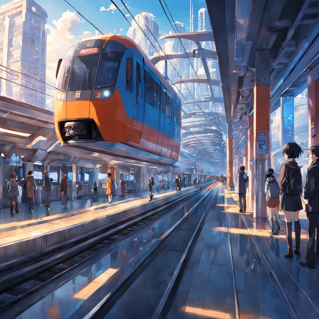 Skytrain station,1girl 2boys,High hanging tracks,Futuristic style trains,City skyline background,People are busy,(Light track:0.8)。