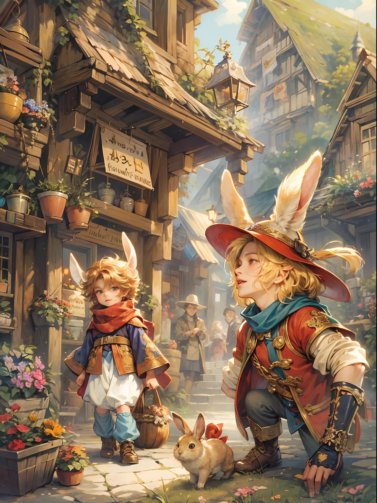 (absurdres, highres, ultra detailed, HDR), masterpiece, best quality, legend of mana character, handsome young hero wearing detailed hat, detailed face, handsome face, shiloh talking to niccolo a talking chubby rabbit wearing detailed scarf, strolling at the town of domina market , detailed character, detailed outdoor, detailed marketplace