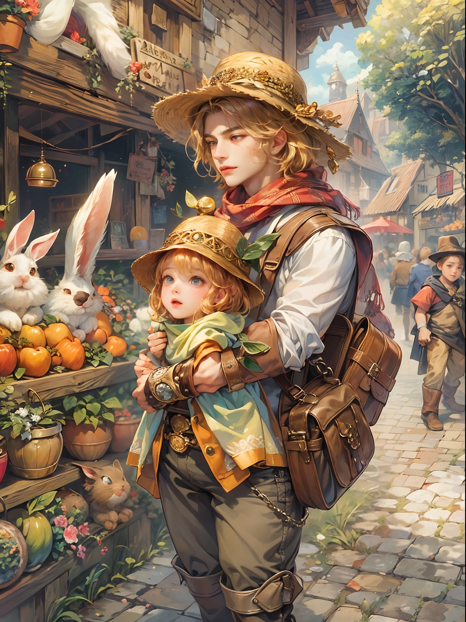 (absurdres, highres, ultra detailed, HDR), masterpiece, best quality, legend of mana character, handsome young hero wearing detailed hat, detailed face, handsome face, shiloh talking to niccolo a talking chubby rabbit wearing detailed scarf, strolling at the town of domina market , detailed character, detailed outdoor, detailed marketplace