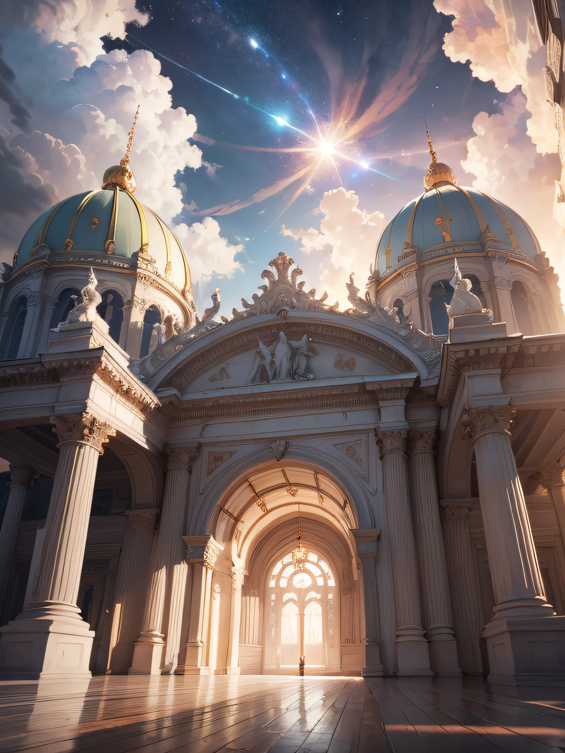 Masterpiece, top quality, 8K, realistic, very detailed CG, fully focused, celestial, glory, shining view of heaven, luminous building, blessing, joy, outstanding culture and art,