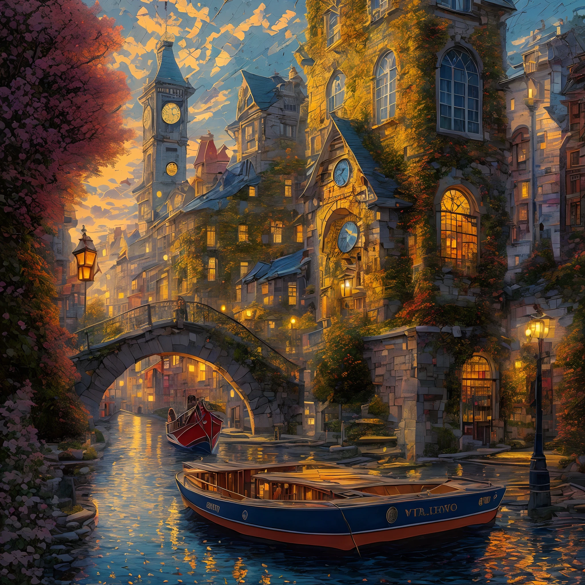 A city street painting comes alive: Clock tower backdrop, river weaving through, boat in forefront, Meticulous matte artistry à la Evgeny Lushpin, invoking gothic allure, akin to Kinkade with hestyle twist