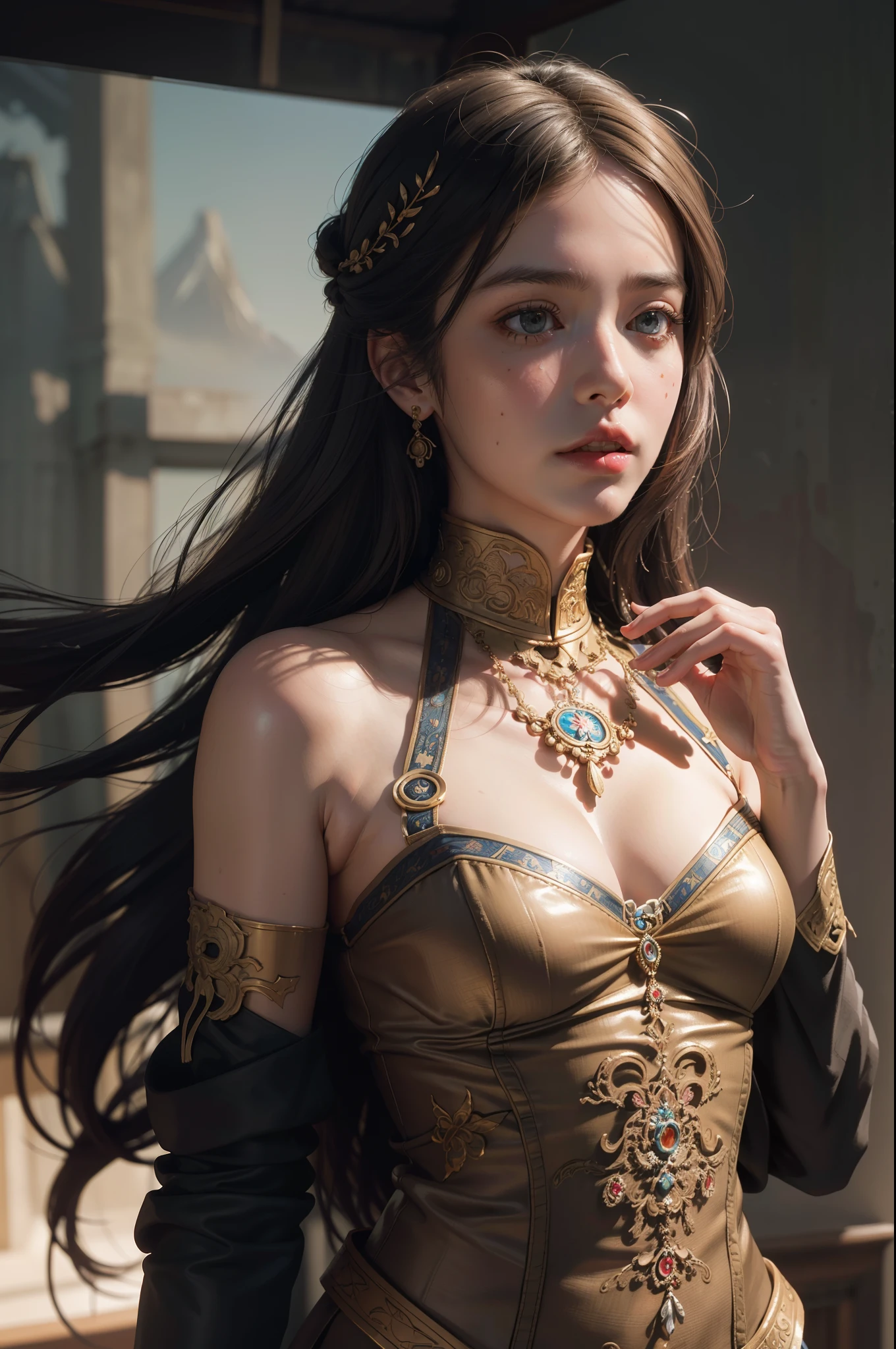 (RAW photo, best quality), (realistic, photo-realistic:1.3),best quality,highly detailed,masterpiece,ultra-detailed,illustration,1girl,upper_body,dynamic angle,world masterpiece theater,messy_long_hair,best quality,extremely detailed CG unity 8k wallpaper,ink,Amazing,cinematic lighting,lens_flare,,dunhuang_style