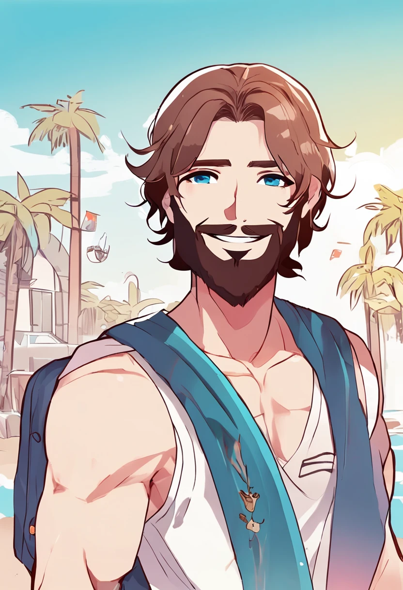 style Chibi, jesus crist, (((solo))), cute, nice beard, vibrant eyes, radiant smile, summer mood, blue sky