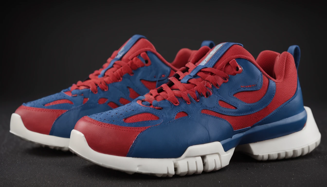Product photograph of a sneaker,footwear,children's footwear,technological ,detalhe,(side view),center from page,photographic,Duro,4k,Cores do LED,CORES DO PRODUTO ,azul,Branco,ouro,vermelho , Epic rendering, Octano, atmosfera, particuls, soft volumetric lights, (retroiluminado:1.3), (cinemactic:1.3), detalhes intrincados,design de sola radical,produto juvenil,inspirado em Sonic HEDGEHOG